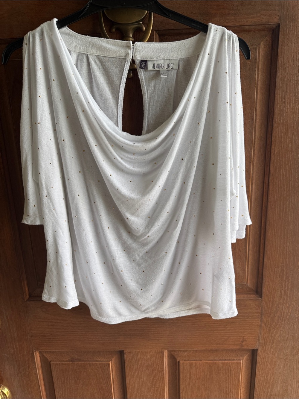Jennifer Lopez White Drape Neck Top with Metallic Dot Detail